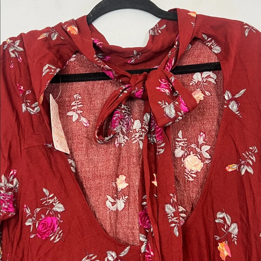 NWT Free People Women's Maroon Red Floral Vintage Combo Long Sleeve Dress Medium